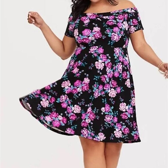 Torrid Floral Milkmaid Dress 14 Black Skater Midi Whimsigoth Fairy Feminine Goth - Picture 2 of 12